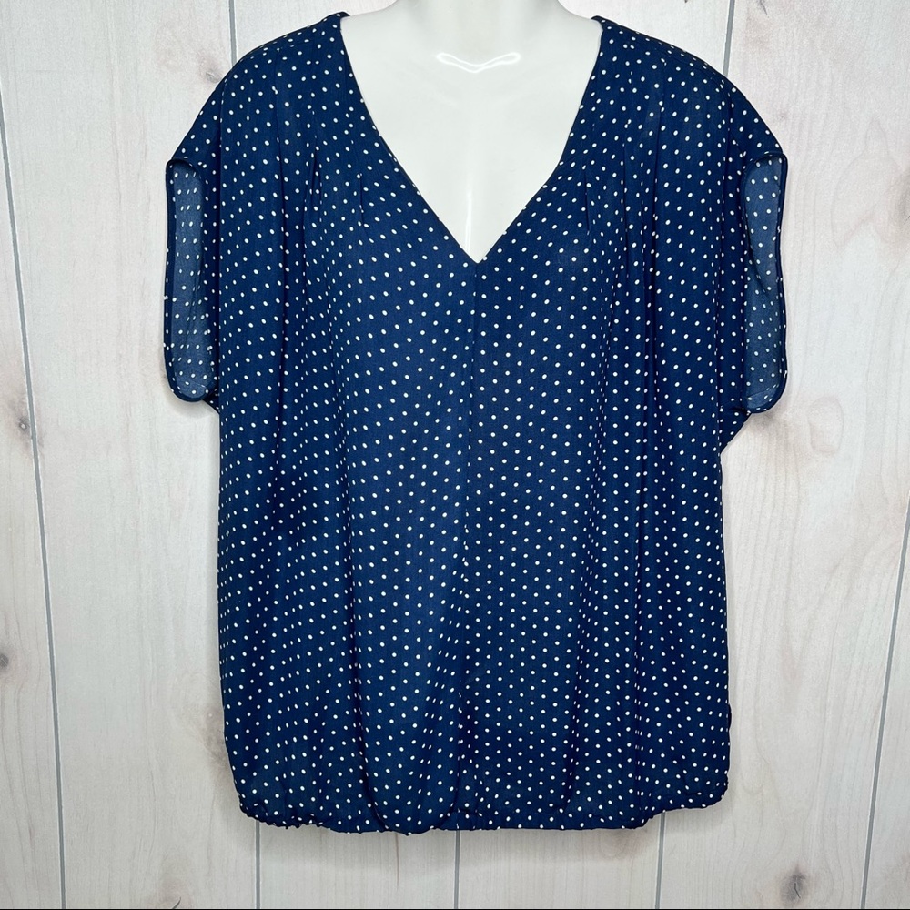 Lands’ End Blue White Polka Dot V-NeckTop Blouse